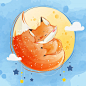 手绘可爱的小狐狸睡在尾巴上卡通动物插画矢量图素材