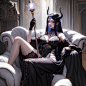 General 2560x2560 AI art digital art artwork illustration women sitting black dress horns fantasy girl fantasy art neckline cleavage big boobs looking at viewer couch gloves