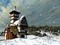 冬天,小别墅,美,水平画幅,风化的,雪,无人,户外,石材,云景