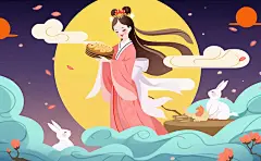 中秋节嫦娥玉兔月下嫦娥手捧月饼插图卡通唯美手绘可爱古风插画壁纸
