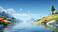 landscape in green with mountains around, in the style of 8k 3d, light sky-blue, vivid birdlife, animated gifs, cartoonish innocence, clean and simple designs, pastoral charm，,3d rendering , octane render , Unreal Engine