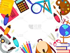 广告横幅返回学校销售带有学习用品配件元素的招贴画学校文具用品工具以及在白色背景上的文字位置促销活动节