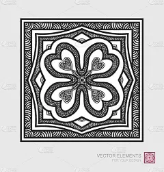 方形抽象花卉装饰。装饰单色瓷砖设计，矢量图形元素。现代极简主义艺术。