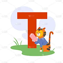 孩子们用T字母和可爱的小老虎来学习英语