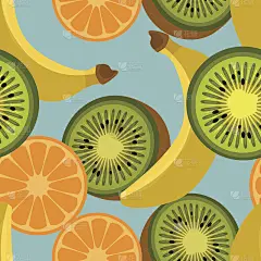 无缝彩色背景与香蕉，猕猴桃和橙子