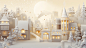 A christmas village in paper format showing snow, in the style of soft tonal transitions, 32k uhd, ethereal illustrations, light gray and light amber, animated illustrations, calming effect, light white and white