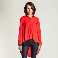 法国原创设计橘红色雪纺衫 前短后长高端不...