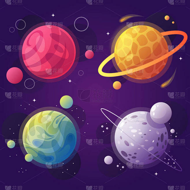 在太空中的一组卡通行星。矢量插图。现代设计