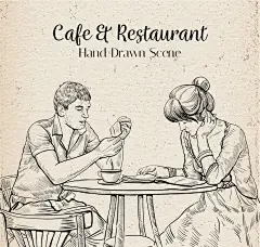 手绘咖啡店用餐的男女矢量素材