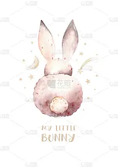 可爱的兔子宝宝在夜空中用金色的星星描绘彗星的梦，森林兔子给孩子们的衣服画。苗圃壁纸海报林地水彩画手绘