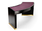 Azimuth Desk – Amy Somerville London : This sculptural, three-drawer curved desk is constructed of both solid wood and veneer. The piece features leather-lined dovetailed drawers, bullet catches and solid metal feet. The two side drawers pivot and open in