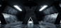 三角形十字形状的垃圾混凝土科幻未来主义优雅空黑暗反射大厅场景外星人船房间隧道走廊发光的工作室灯3D渲