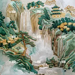 中国刺绣工艺金蓝绿山亭树、艺术创作、瀑布、纹理、极简色彩场、