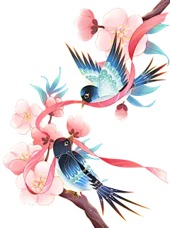 花瓣素材_七夕通用手绘插画中国风喜鹊丝带桃花枝头大尺寸贴纸元素素材_193617729