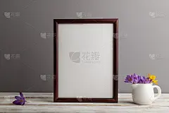 棕色木制框架模型与雪莲番红花在灰色的纸背景。空白，垂直方向，静物，复制空间。