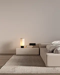 现代风格的客厅_充满温馨温暖的暖色光_背景是墙壁_地面是木地板和地毯_暖色调_深沉_美丽的光影_正视图_画面背景简洁干净_画面简约_不凌乱 ...