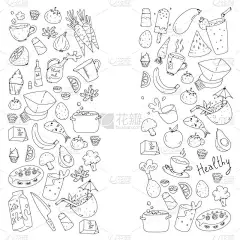 模式与健康的食物。烹饪课, 餐厅, 咖啡厅的菜单元素。牛奶, 冰淇淋, 鱼, 果汁, 鳄梨, 火鸡,