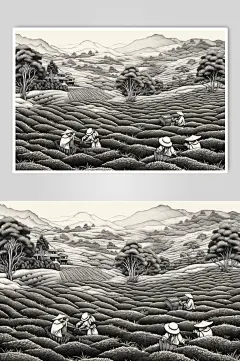 AI数字艺术复古铜版画茶园茶叶插画-众图网