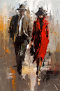 abstract soft full body lovers walking together at the center of a road holding hands, the woman wearing red dress and the man brown jacket. wide brush strokes, palette knife texture, Palette knife drawing, Oil on canvas painting by Adrian Ghenie, brush s