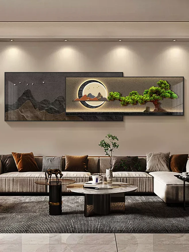 迎客松客厅装饰画横版叠加壁画新中式高级感茶室沙发背景墙挂画-tmall.com天猫-花瓣网