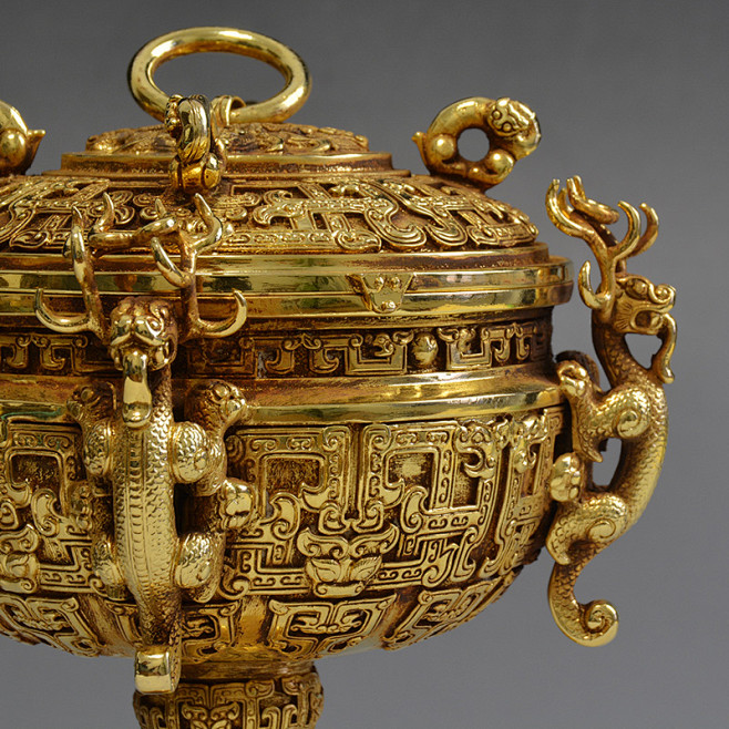 古玩古董收藏器汉代鎏金青铜豆蕃螭纹四兽樽礼器摆件收藏艺术器-淘宝网