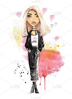 时尚少女水彩插画。