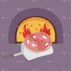 可爱的披萨放在铲子上准备在火里烤。卡通矢量图