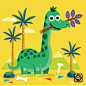 a green dinosaur holding a branch with palm trees in the background and a bone in its mouth