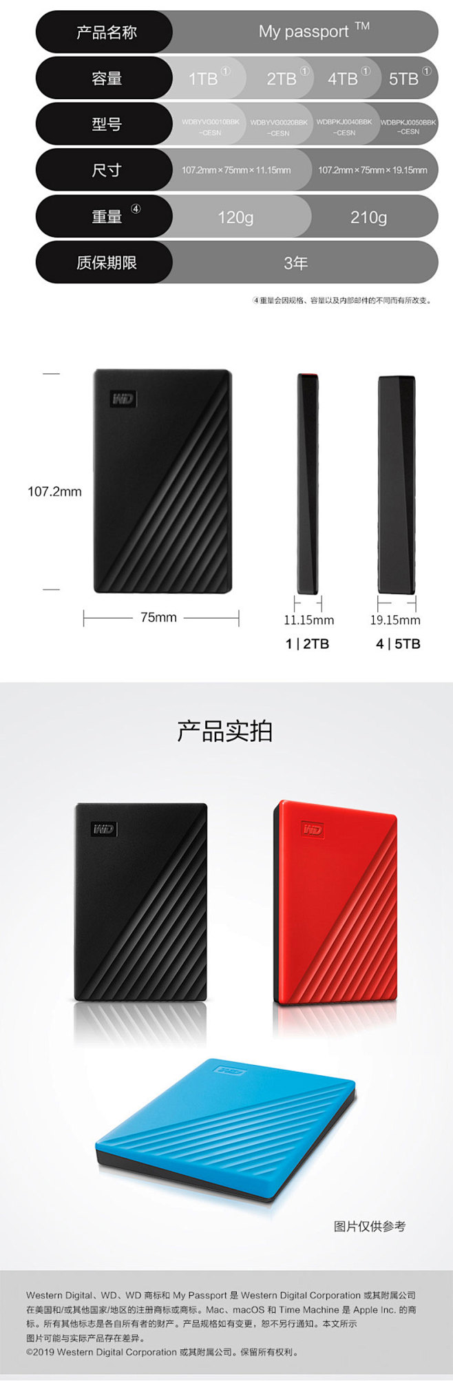 WD西部数据移动硬盘1t西数My Pas...