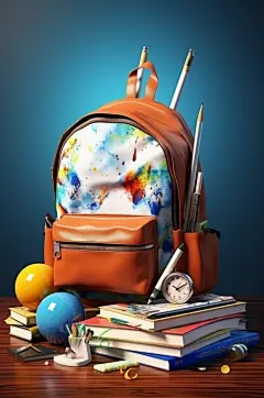 AI数字艺术开学季书包文具摄影图