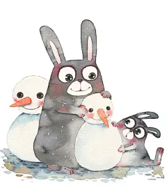 可爱动物水彩插画-红色屋子前边的雪人和兔子图片下载
