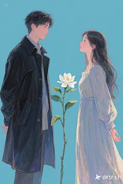jimeng-2025-05-28-209-小说封面图，插画手绘，可以清晰的看到笔触，印象派，纯色背景，男女主相望，身高差，中间隔着一枝栀子花