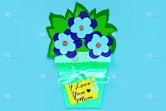 篮子,平铺,贺卡,标签,蓝色,叶子,纸花,紫色背景,插花