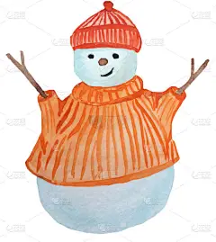 穿着毛衣和帽子的卡通雪人。用于设计海报、印刷品、卡片的水彩手绘插图