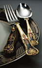 For that special occasion! - 24 carat gold plated & hand applied enamel silver cutlery - Anastasia special limited edition from Royal Buckingham. #gold #silverware #cutlery: 