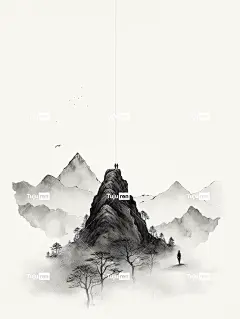 极简主义山水插图，水墨山脉由不同的线条组成黑白