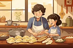 立冬冬至食品饺子卡通一家人包饺子插画