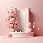 3d podium behind on pastel light, pink background and rose flowers, 8k--ar 16:9