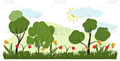 矢量插图在时尚的平面简单的风格-春天和夏天景观植物，树叶，花-背景横幅，贺卡，海报
