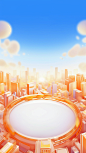 A city rendered in three dimensions,light orange and white, vibrant stage background, transparent/translucent medium, aerial view, colorful sky,pinterest, dribble, hight detail, unreal engine, 3d, c4d, blender, OC renderer, depth of field, 8k, best qualit