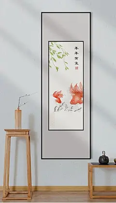新中式手绘简约工笔水墨国画客厅玄关民俗玄关新年装饰画