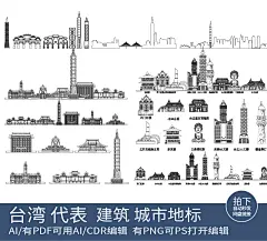 台湾城市剪影插画设计旅游手绘建筑地标景点天际线条稿线描素材