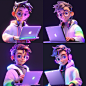 a character in glasses is holding up a laptop, in the styleof interactive pieces,soft gradients，daz3d,animatedgifs,azure,charming illustrations,award-winning,--niji 5