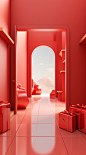 A red door with golden gifts and boxes is behind it, in the style of postmodern surrealism, interior scenes, ambient occlusion, light red, light-filled scenes, modernist inspiration, smooth surface