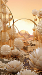 淡金色花朵，3D渲染，异想天开的梦想，极简主义的舞台设计，球