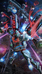 3d explosion firing flying funnels_(gundam) green_eyes gun gundam gundam_lfrith_pre-production_model gundam_suisei_no_majo highres holding holding_gun holding_weapon mecha no_humans robot space thrusters weapon yamataka_(blenderkame)