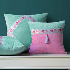 原创设计师阿拉伯风格平绒粉紫粉绿拼接抱枕...