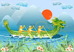 河流,绘画插图,龙舟赛,竹,端午节,赤素馨花,叶子,矢量,地形,花