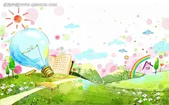 草地上的灯泡通插画PSD|PSD分层素材|彩虹|草地|淡粉|灯泡|房子|风景图片|韩国素材|湖水|卡通|卡通插画|能源|桥|清淡|手绘|书本|水彩|太阳|鲜花|源文件