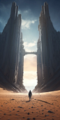 explorer come across gigantic eldritch ruin monuments remnants amongst the dunes of ominous desert, wonderous sci-fi, alien sky, blender rendering
